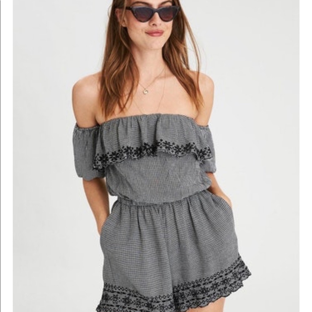 American Eagle Gingham Off the Shoulder Romper